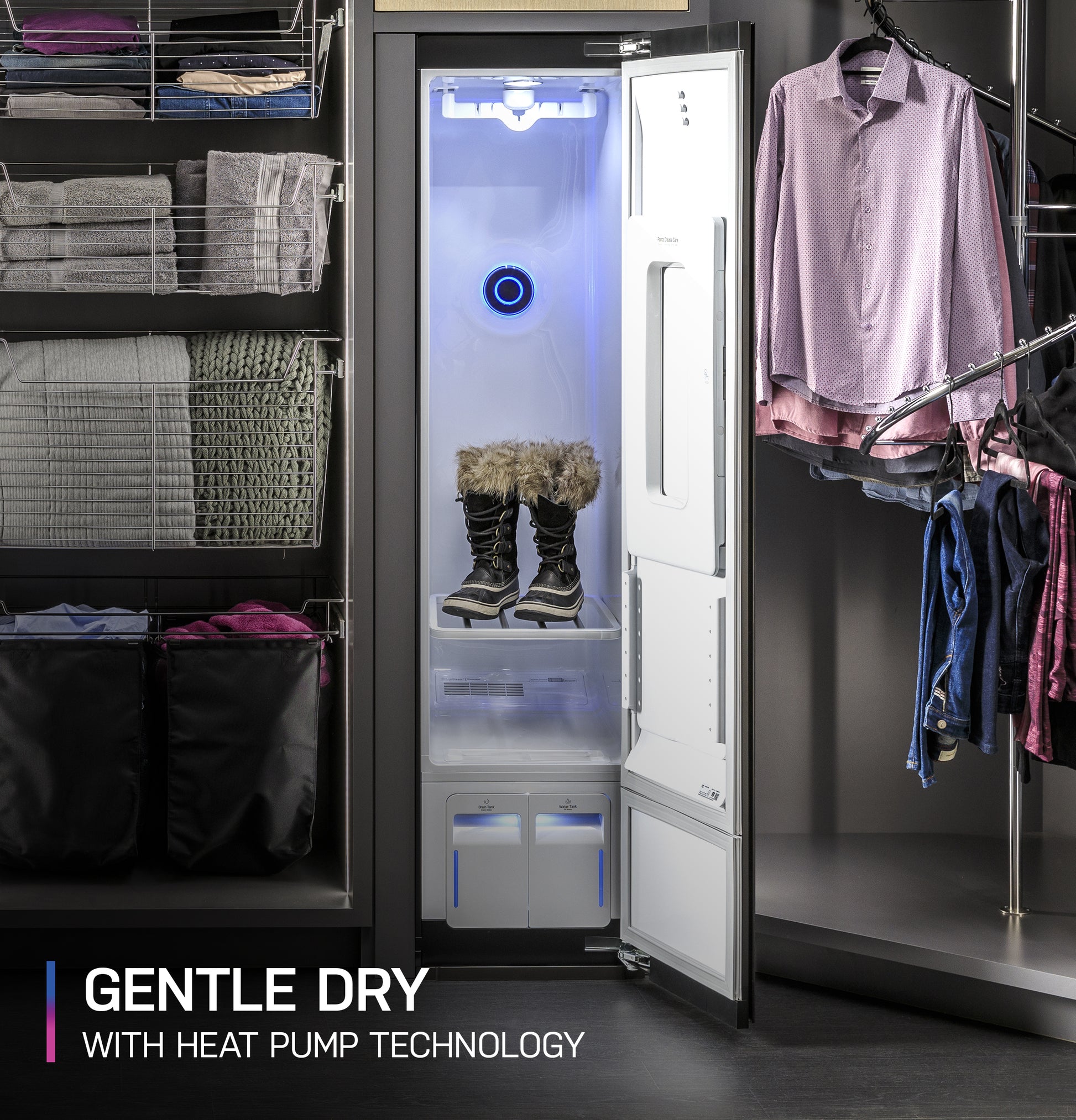 Tall white fabric care closet with blue LED light drying boots inside in a modern laundry center setting