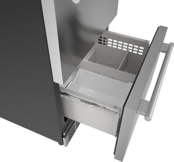 Open stainless steel undercounter combo drawer refrigerator and freezer with ventilation grille for kitchen appliances