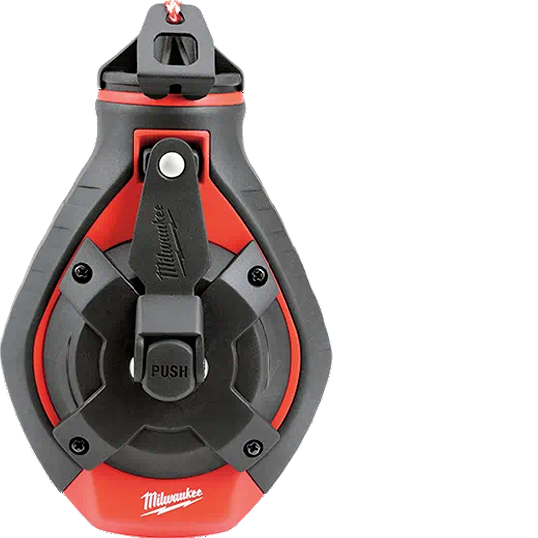 Red and black Milwaukee chalk reel with 100-foot bold line for woodworking and measuring tools under $50 collections