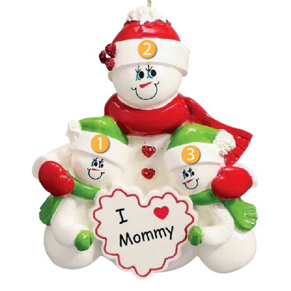 Snowman family ornament with mother and two kids holding "I love Mommy" heart from Christmas Ornaments & Tree Decorations collection