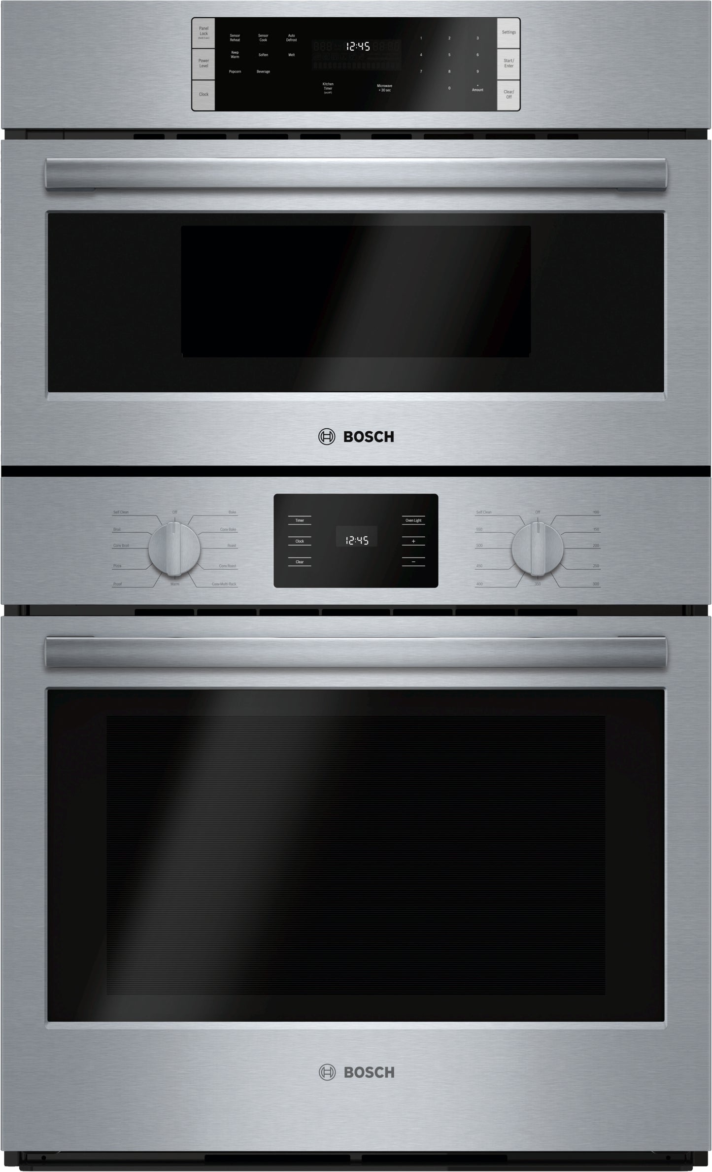 Industrial-style stainless steel combination oven with digital controls and heavy-duty metal knobs in kitchen appliances collection