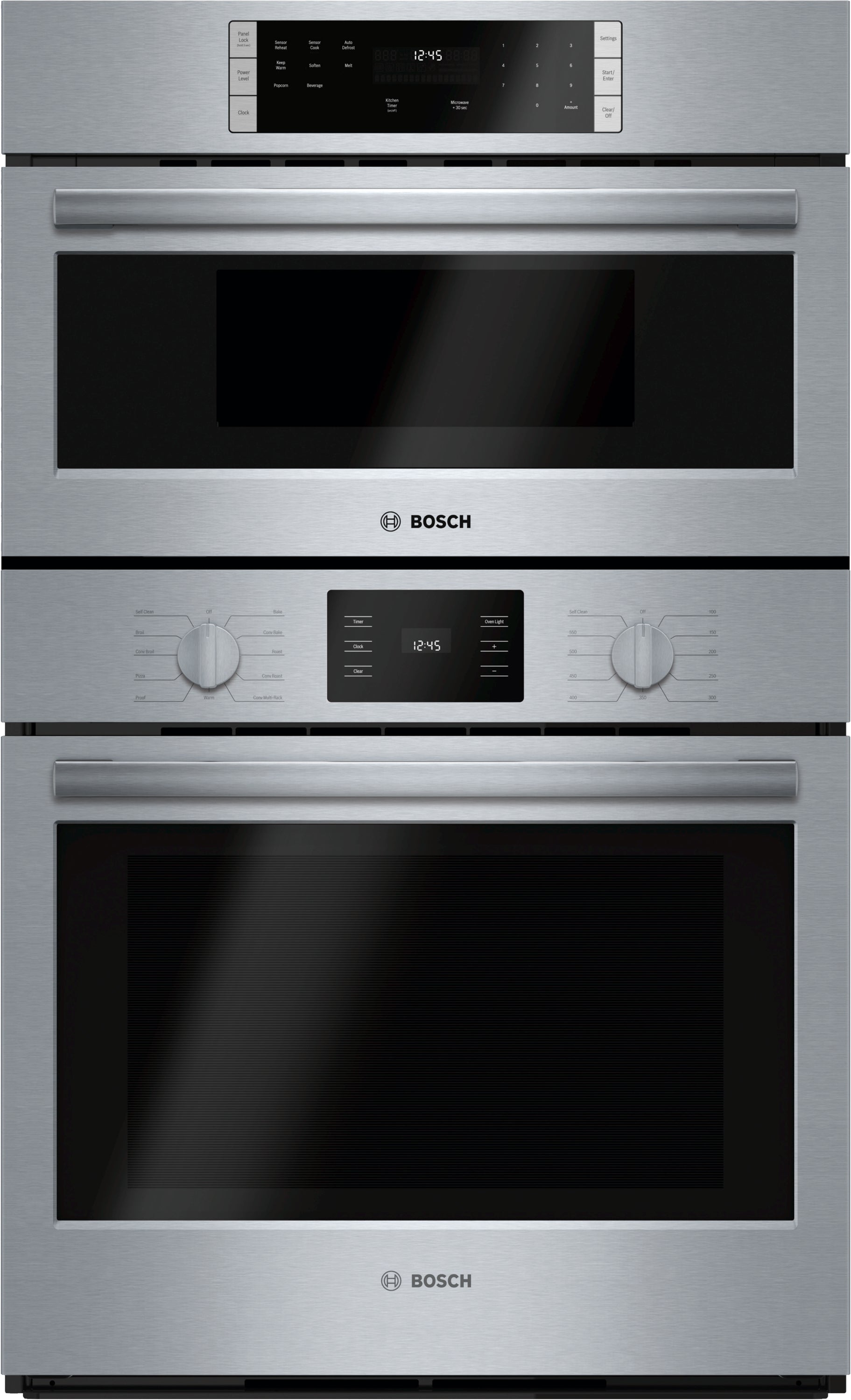 Industrial-style stainless steel combination oven with digital controls and heavy-duty metal knobs in kitchen appliances collection
