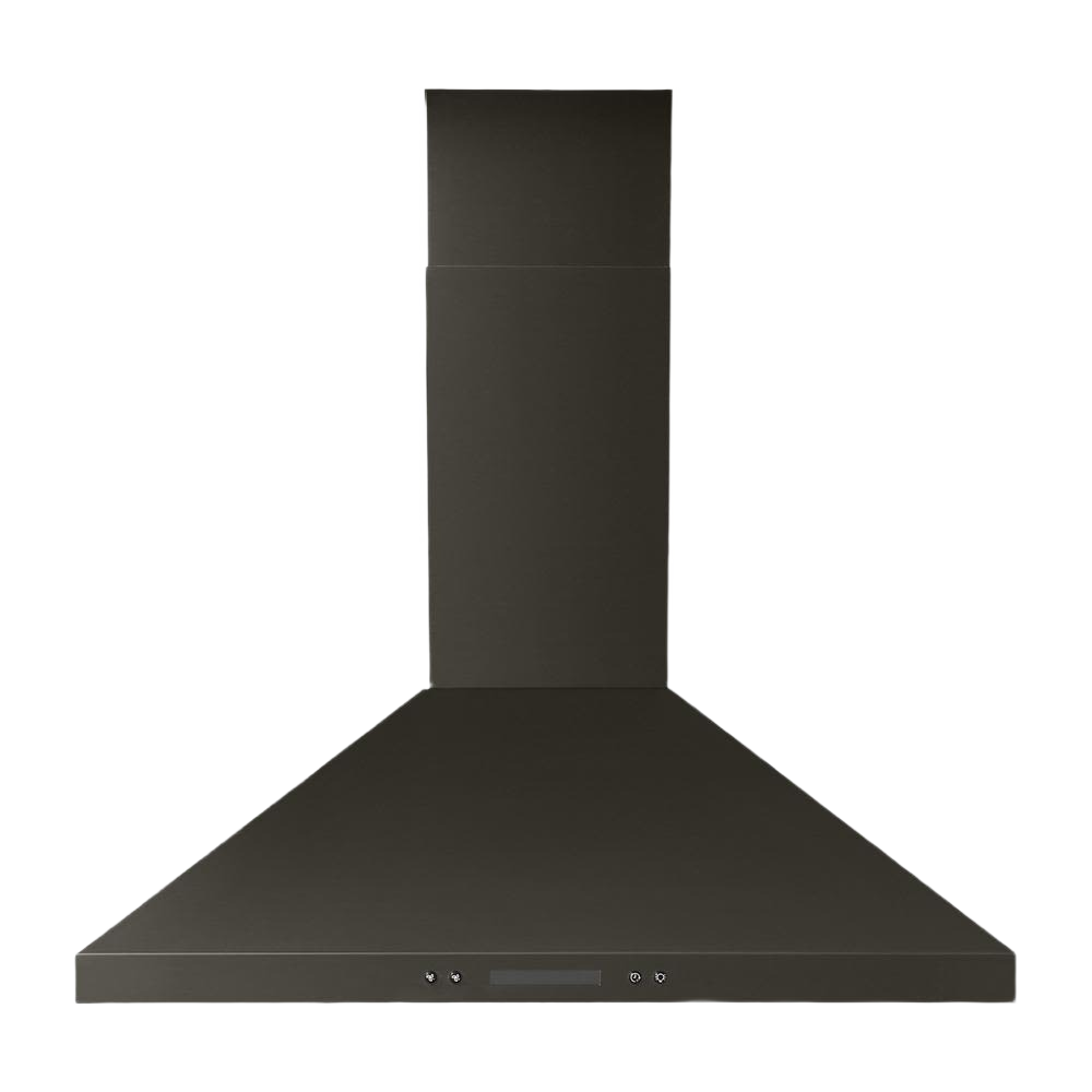 Matte black wall mounted chimney range hood with digital control panel and dishwasher-safe grease filters for kitchen appliances collections