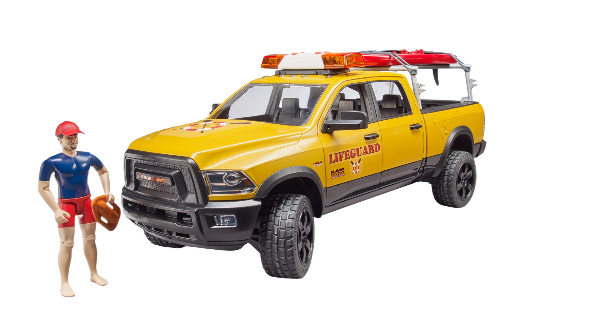 Yellow lifeguard-themed RAM 2500 toy truck with rescue accessories and lifeguard figure from Bruder Toys collection