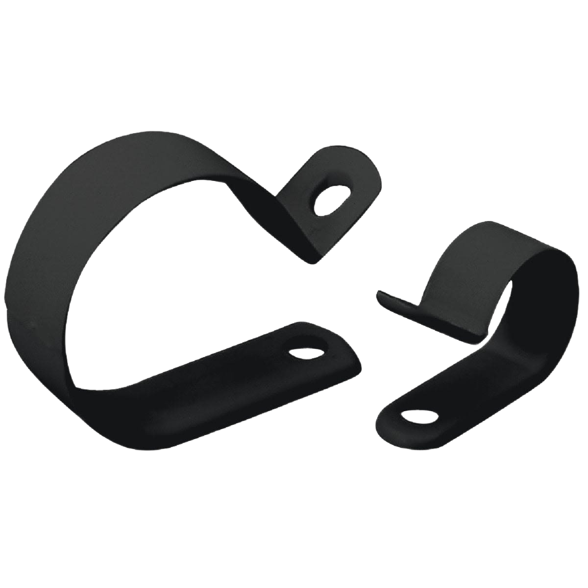 Black plastic cable clamps with mounting holes for organizing wires in electrical and desk organization settings