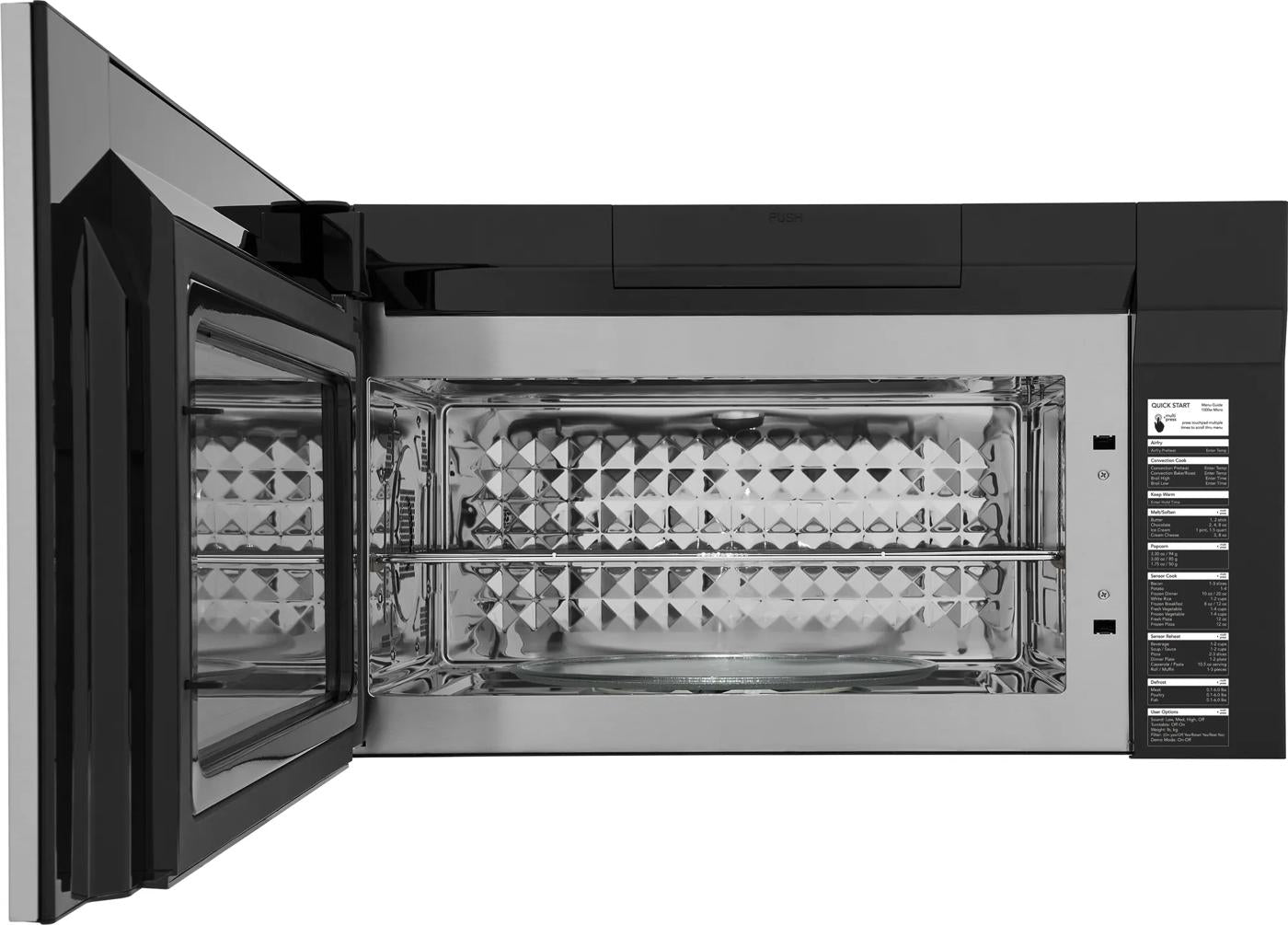 Black and stainless steel over-the-range microwave with open door showing interior and cooking rack for kitchen appliances collections