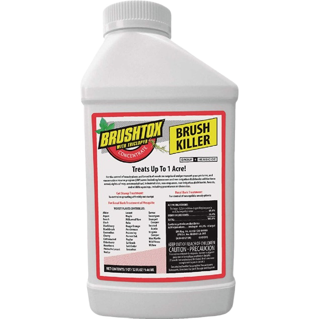White plastic bottle of concentrated brush killer herbicide for lawn care and garden use under 50 dollars