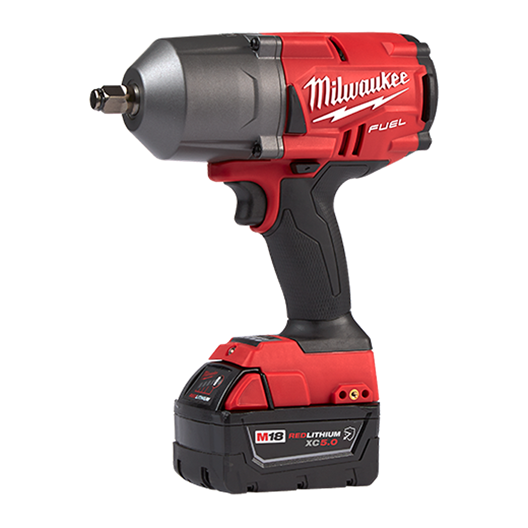 Red and black cordless high torque impact wrench with M18 lithium battery for home improvement tasks