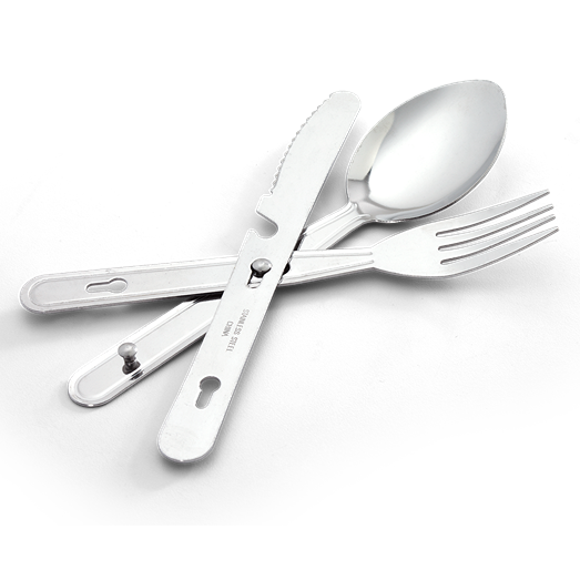 Three-piece stainless steel cutlery set with spoon, fork, and multi-tool knife for outdoor or home use