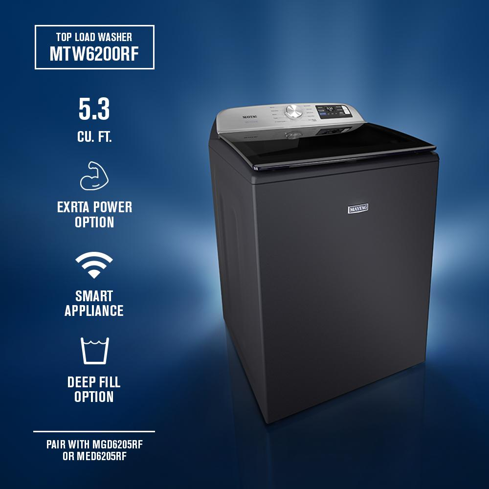 Matte black top load washer with digital controls, Extra Power and Deep Fill options, part of top load washers collection.