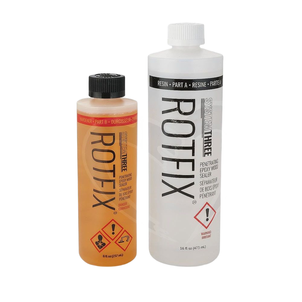 Two-part epoxy resin kit with clear and amber liquid components for wood sealing in tools and home improvement projects