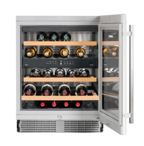 built-under multi-temperature wine cabinet with stainless steel frame and wooden racks in kitchen appliances collection