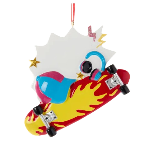 Personalized skateboard Christmas ornament with flame design, headphones, and colorful holiday decoration accents