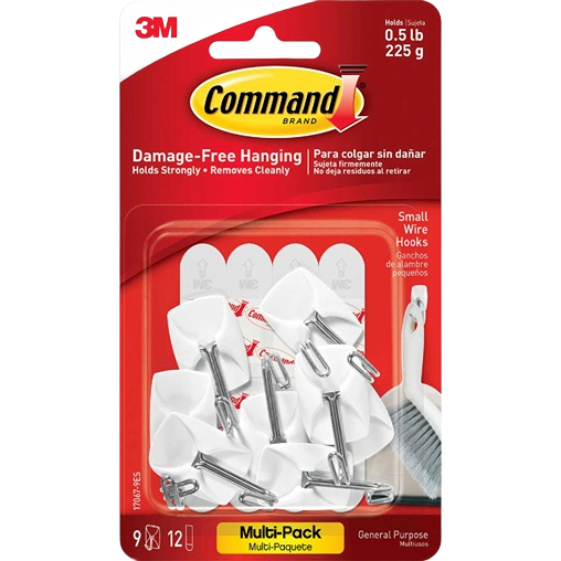 Small wire hooks with adhesive backing in 9-pack for damage-free hanging in hardware and fasteners collections
