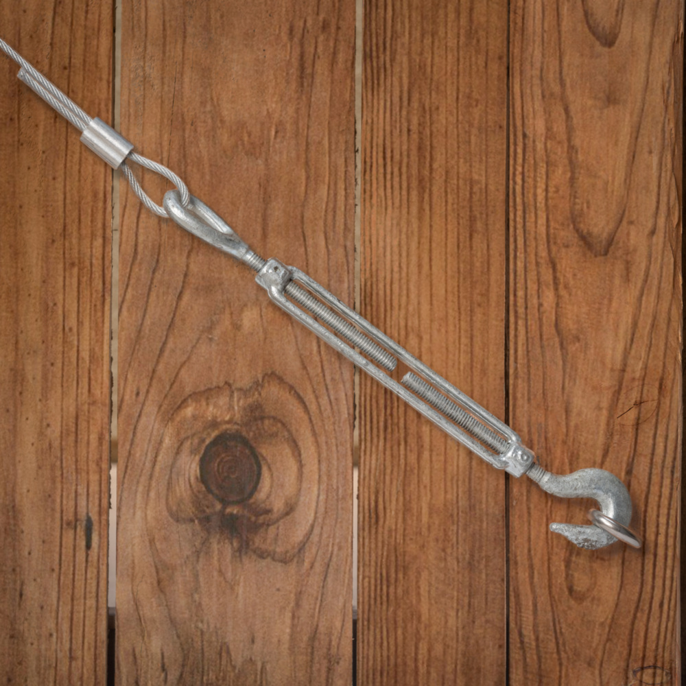 Galvanized hook and eye turnbuckle with wire cable for secure garage storage and organization under $50 home improvement tools