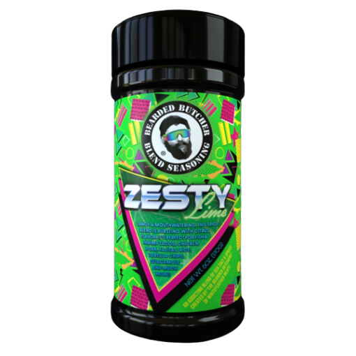 Black plastic spice container with bright green and pink label for zesty lime seasoning blend