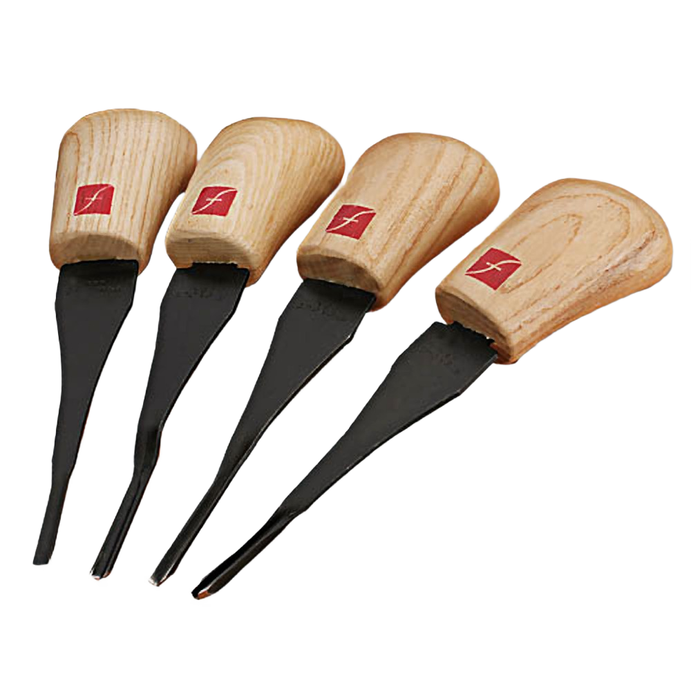 Set of four hand tools with wide ash handles and steel blades for detailed wood carving in woodworking tools collection