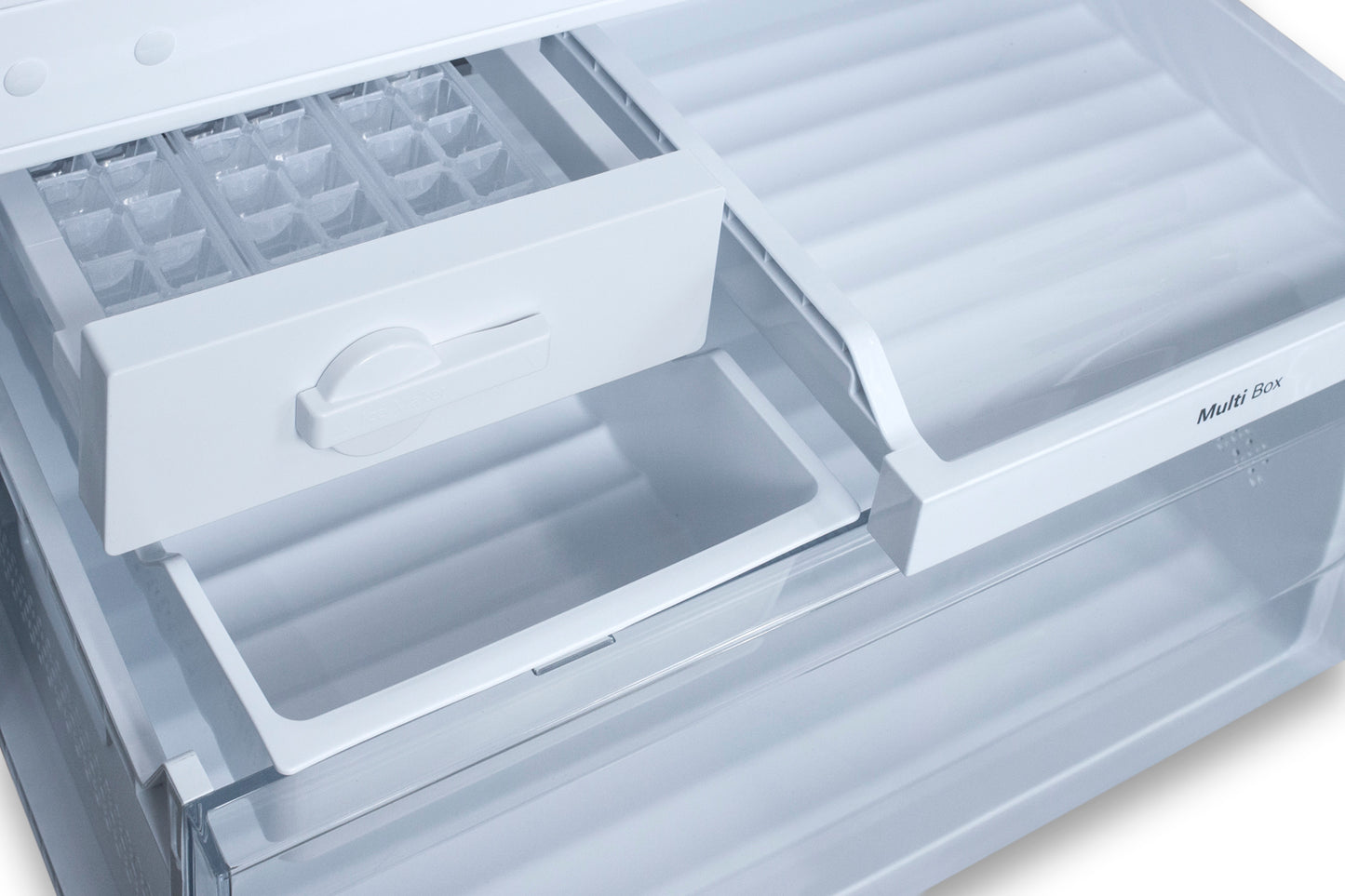 Open freezer drawer showing organized compartments with ice tray and multi-use storage box in refrigerator section