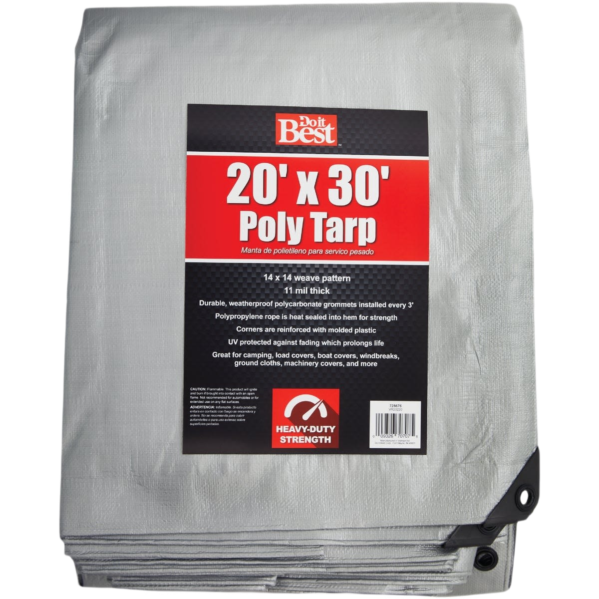 Folded heavy-duty silver poly tarp with reinforced corners and grommets for home improvement and outdoor use