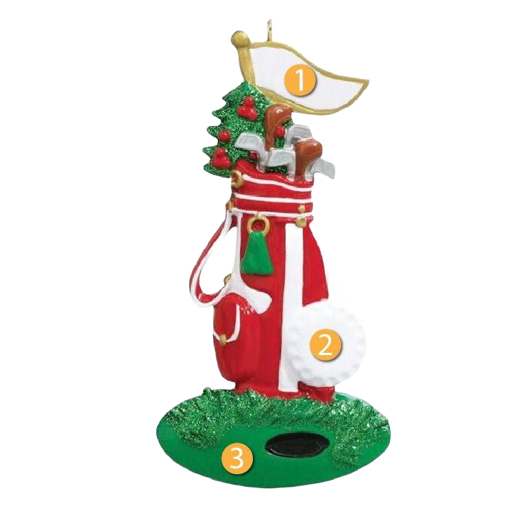 Festive golf bag ornament decorated with holly, clubs, and flag, perfect for Christmas tree decorating under $50 collection