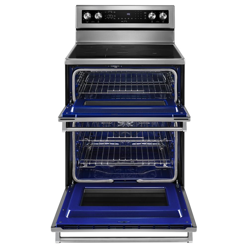 stainless steel electric double oven convection range with five burners and blue interior oven in KitchenAid collection