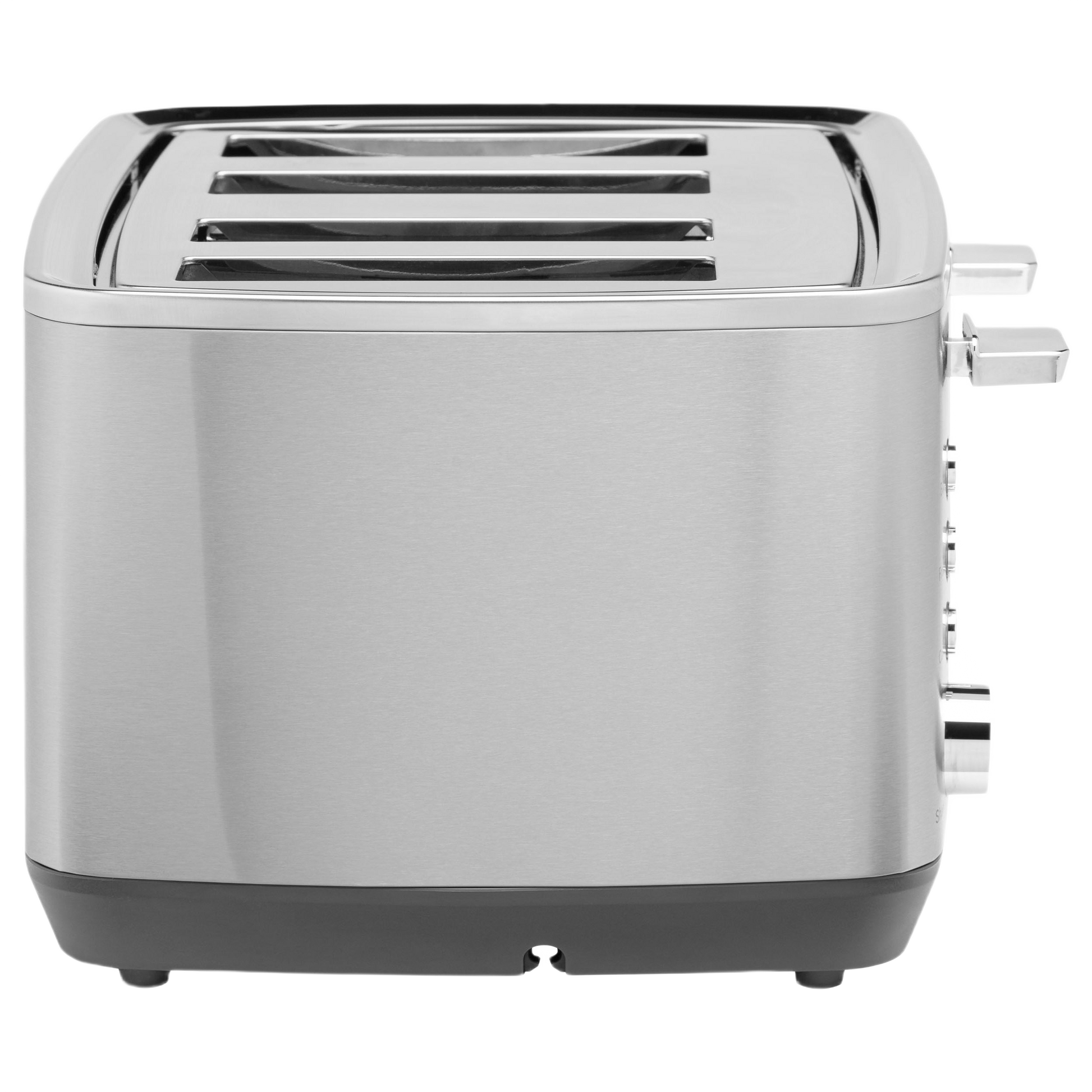 Brushed stainless steel 4-slice toaster with dual levers and control knob for home kitchen use