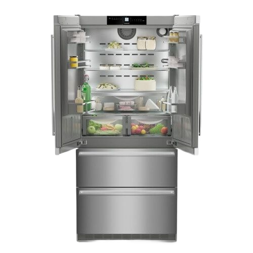 Open stainless steel freestanding French door refrigerator with dual freezer drawers in Appliances and Kitchen & Kitchenware collections