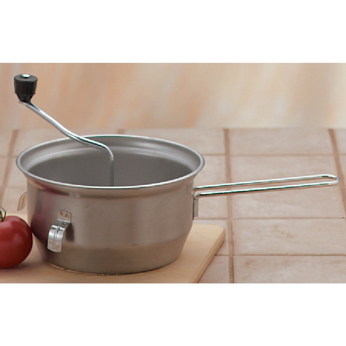 Stainless steel food mill with crank handle and long side handle for small kitchen appliances and kitchenware collections