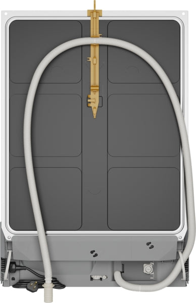 Back view of a 24-inch stainless steel anti-fingerprint dishwasher showing water hose and connection ports in Bosch appliances collection