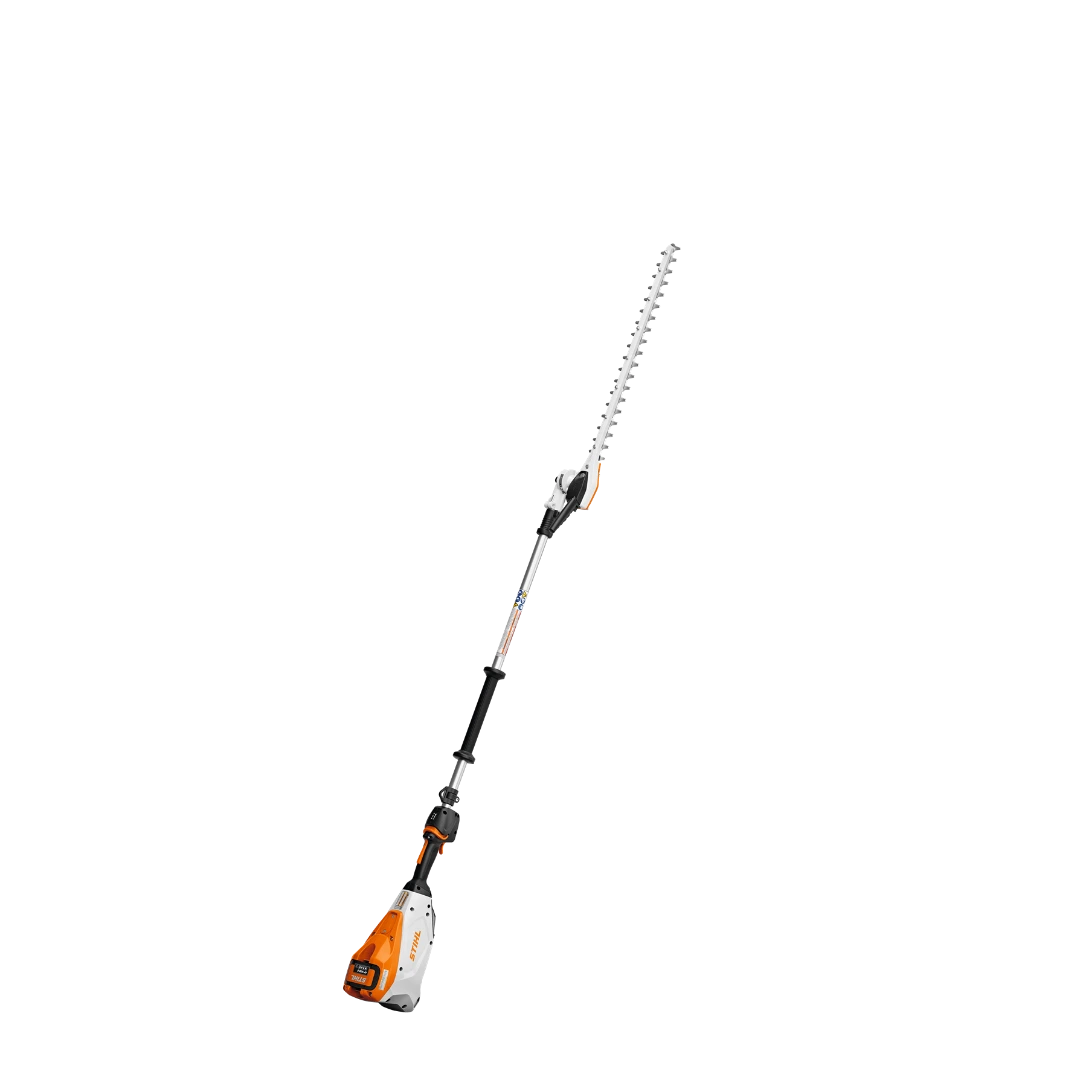 Extended-reach battery-powered pole hedge trimmer with adjustable head for home improvement and trimming tasks