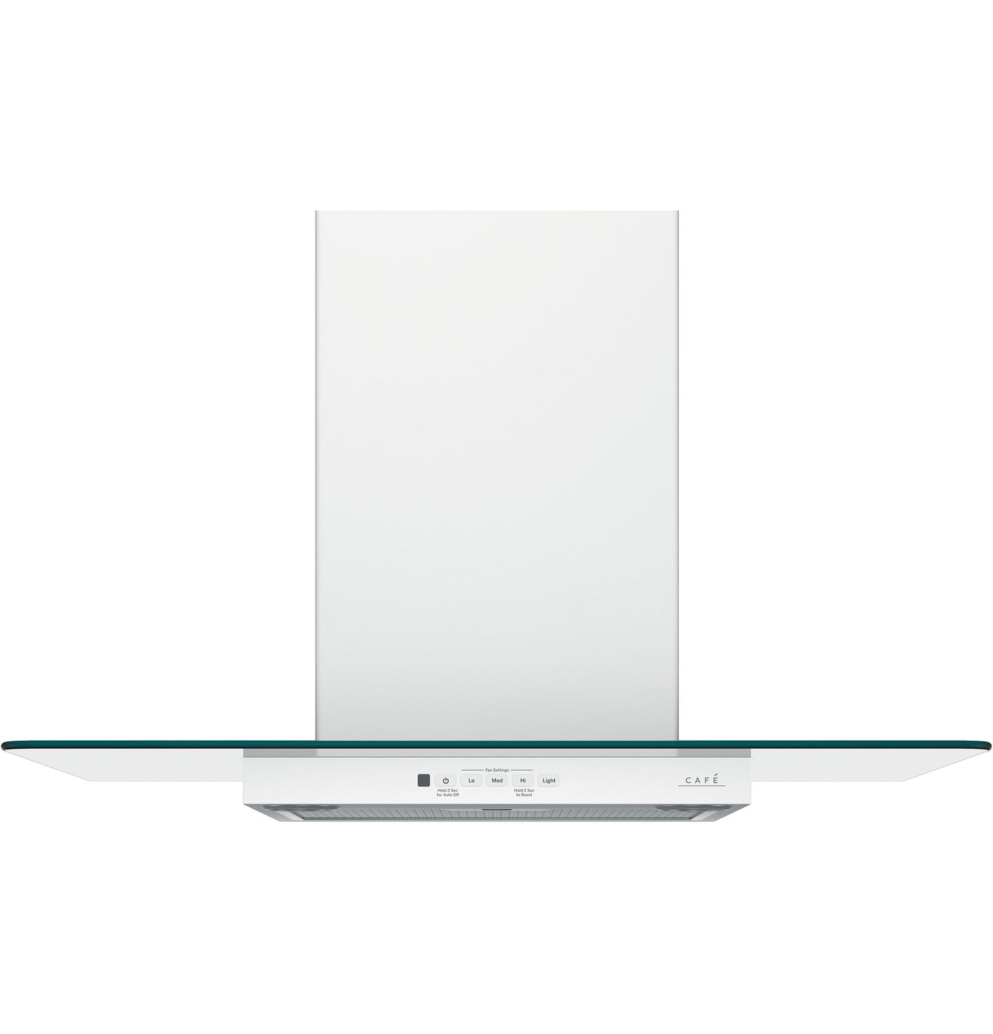 Sleek wall-mounted glass canopy chimney hood with white chimney and touch controls from kitchen appliances collection