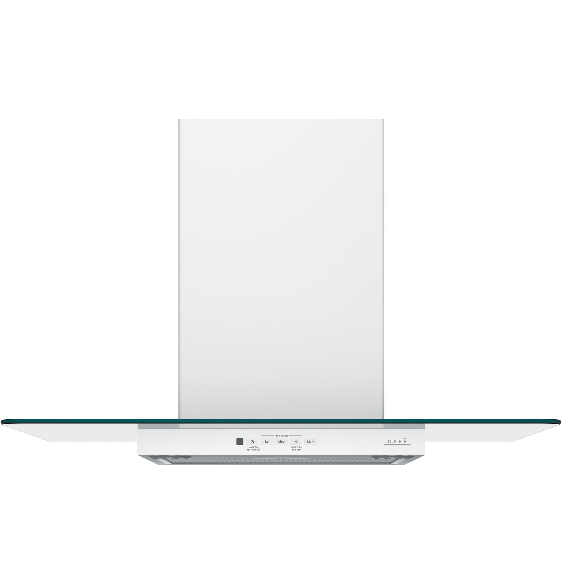 Sleek wall-mounted glass canopy chimney hood with white chimney and touch controls from kitchen appliances collection