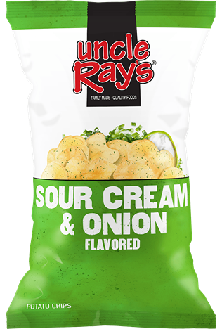 Green and white bag of Uncle Ray's sour cream and onion flavored potato chips from Chips & Snacks collection