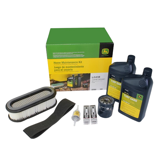Home maintenance kit with air filter, oil filter, spark plugs, fuel stabilizer, and two bottles of turf guard fluid