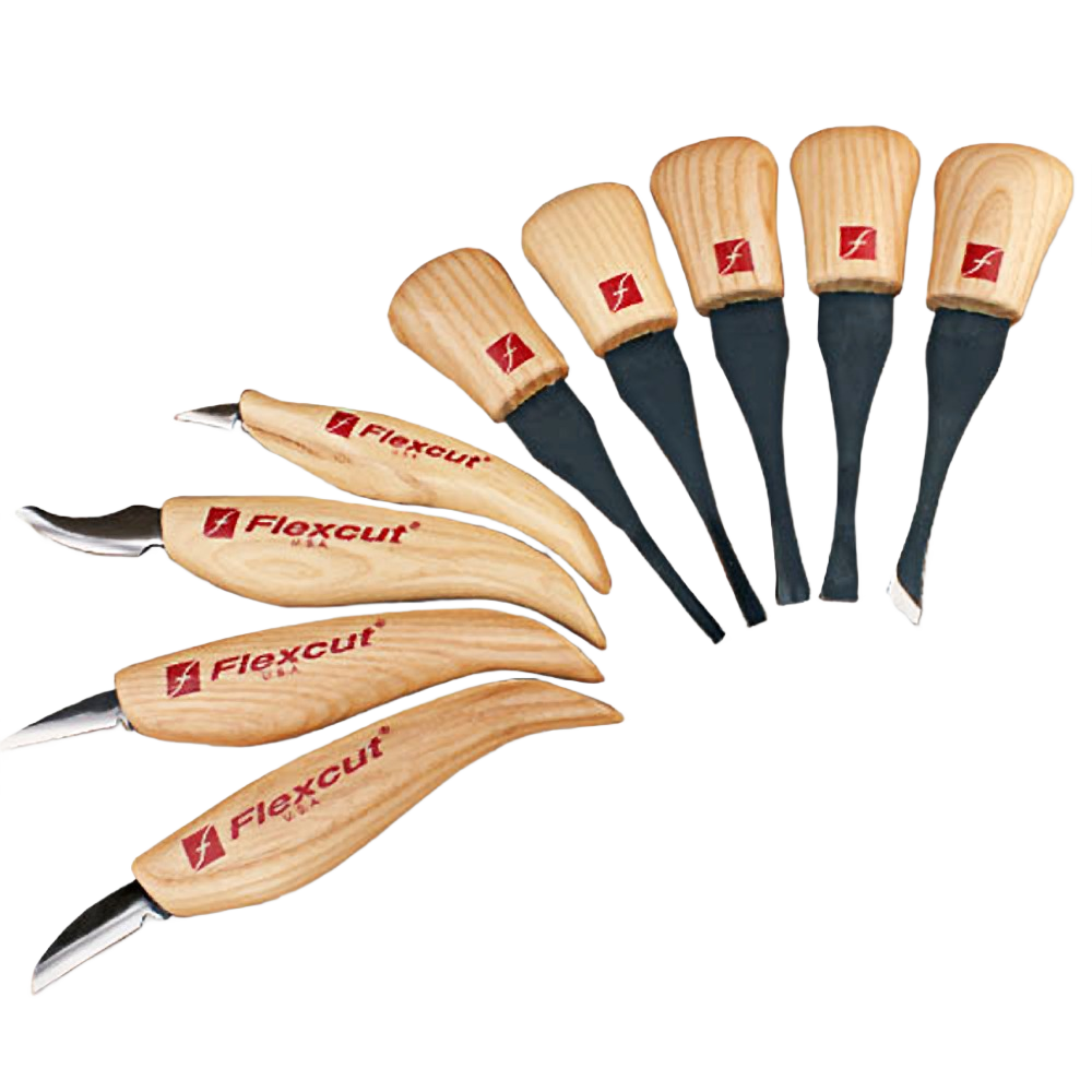 Nine-piece wood carving knife and palm tool set with ergonomic wooden handles in woodworking and carving tools collection