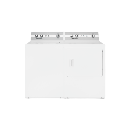 White top-load washing machine and front-load gas dryer with control panels in Dryers and Appliances collections
