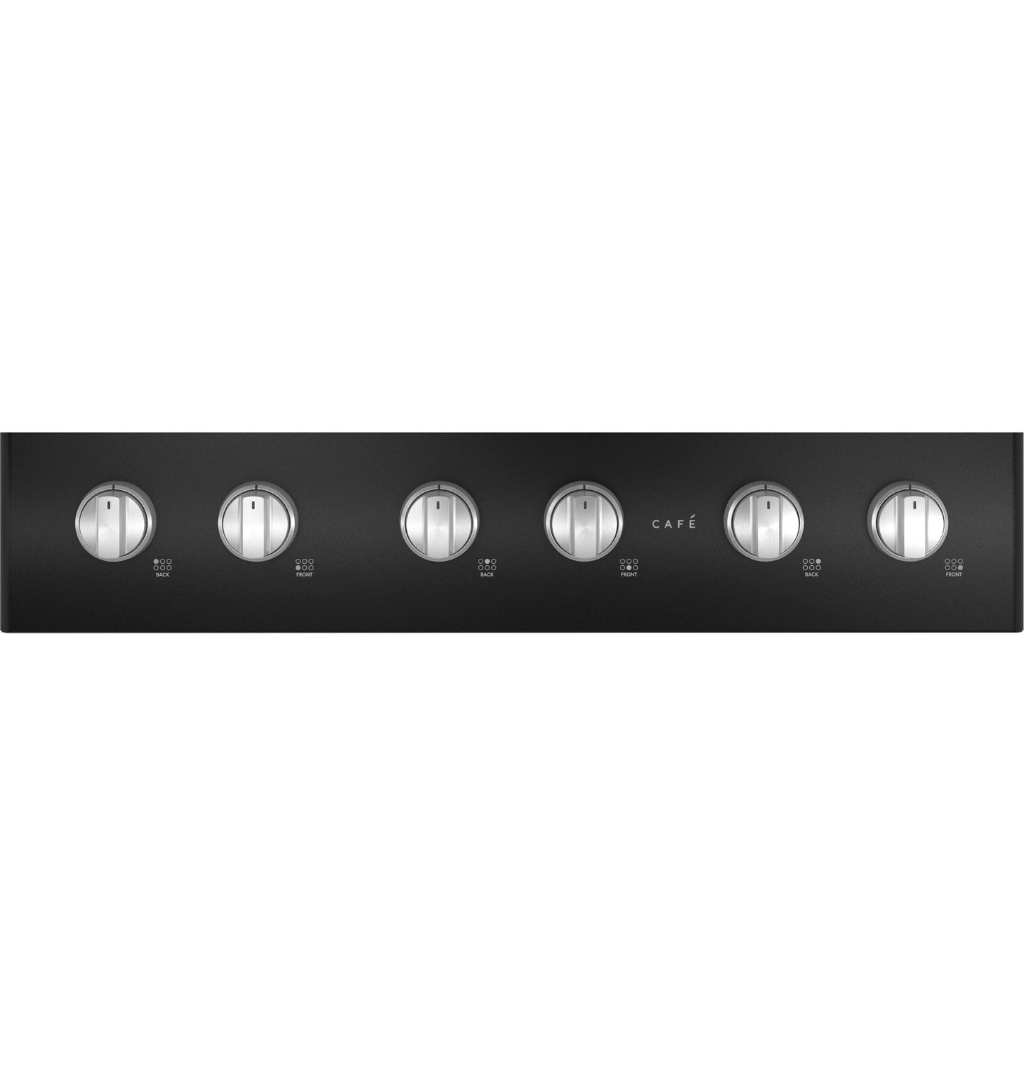 Front view of matte black control panel with six stainless steel knobs for a gas rangetop in Appliances collection