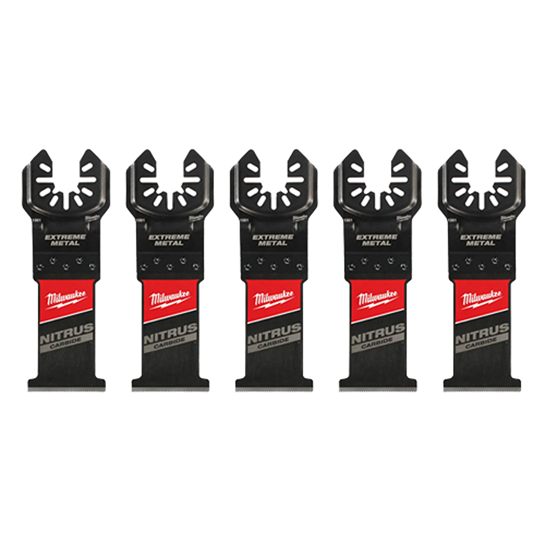 Set of five black metal multi-tool blades with red and silver Milwaukee branding for heavy-duty home improvement tasks
