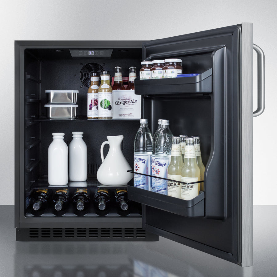 Open 24" wide built-in black refrigerator with adjustable shelves, beverage bottles, and door storage in kitchen appliances collection