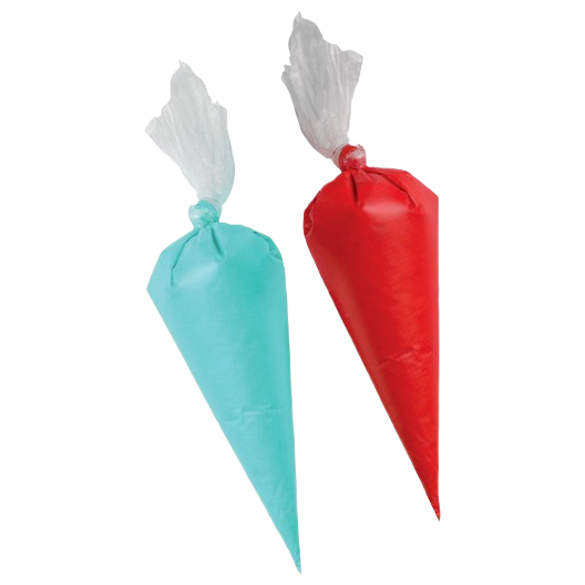 Two disposable piping bags in red and light blue filled with pastry icing for baking decoration tasks