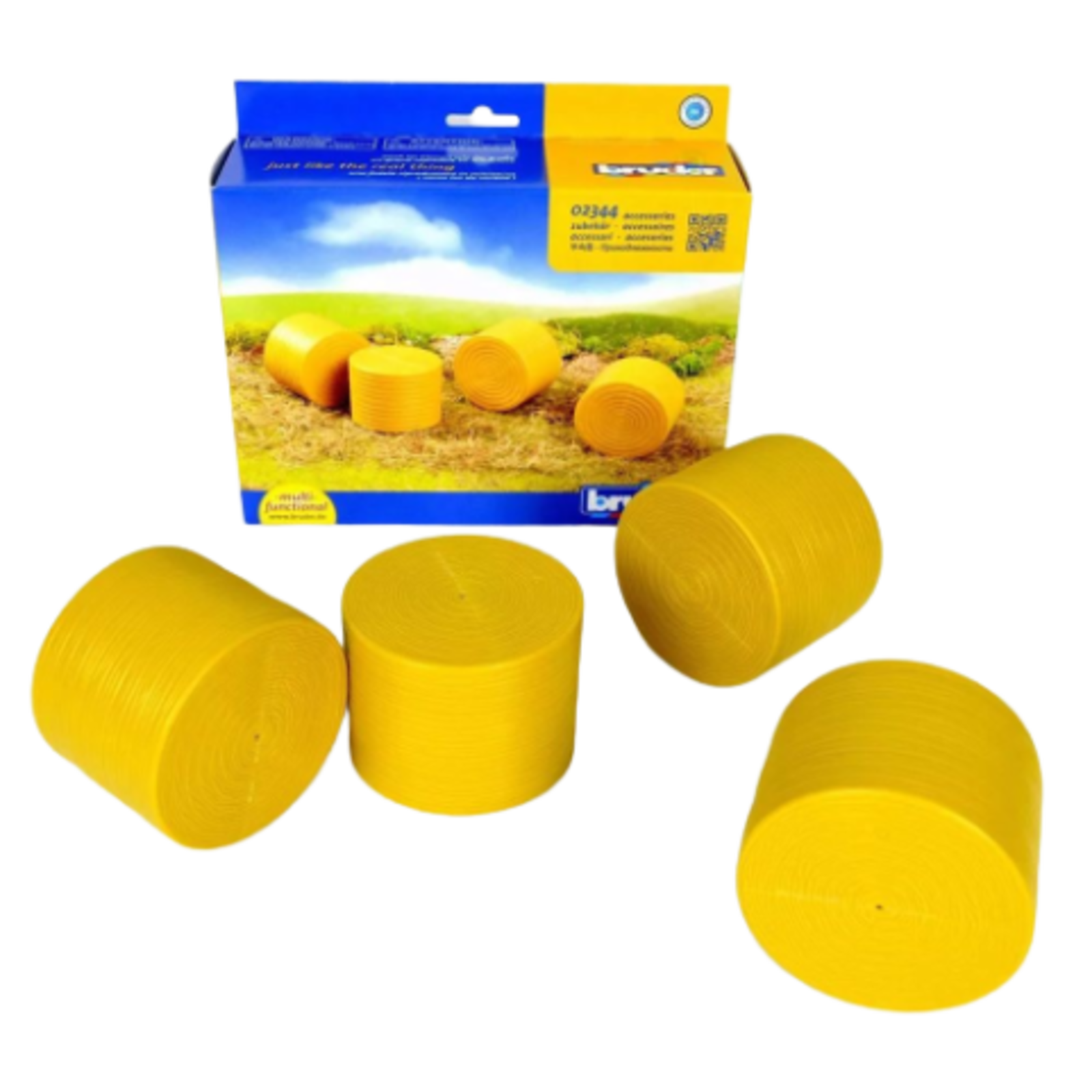 Set of four detailed ochre-yellow round bales for toy tractors from Bruder Toys in Vehicles & Remote Controlled Toys collection under $50