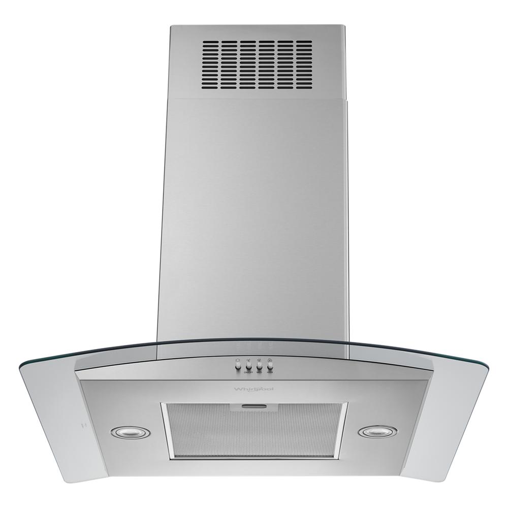 Stainless steel island range hood with curved glass canopy and push button controls in Range Hoods collection