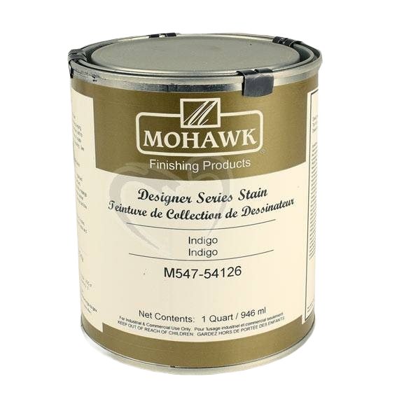 Quart container of Mohawk Designer Series Indigo stain for interior wood finishing in home improvement supplies