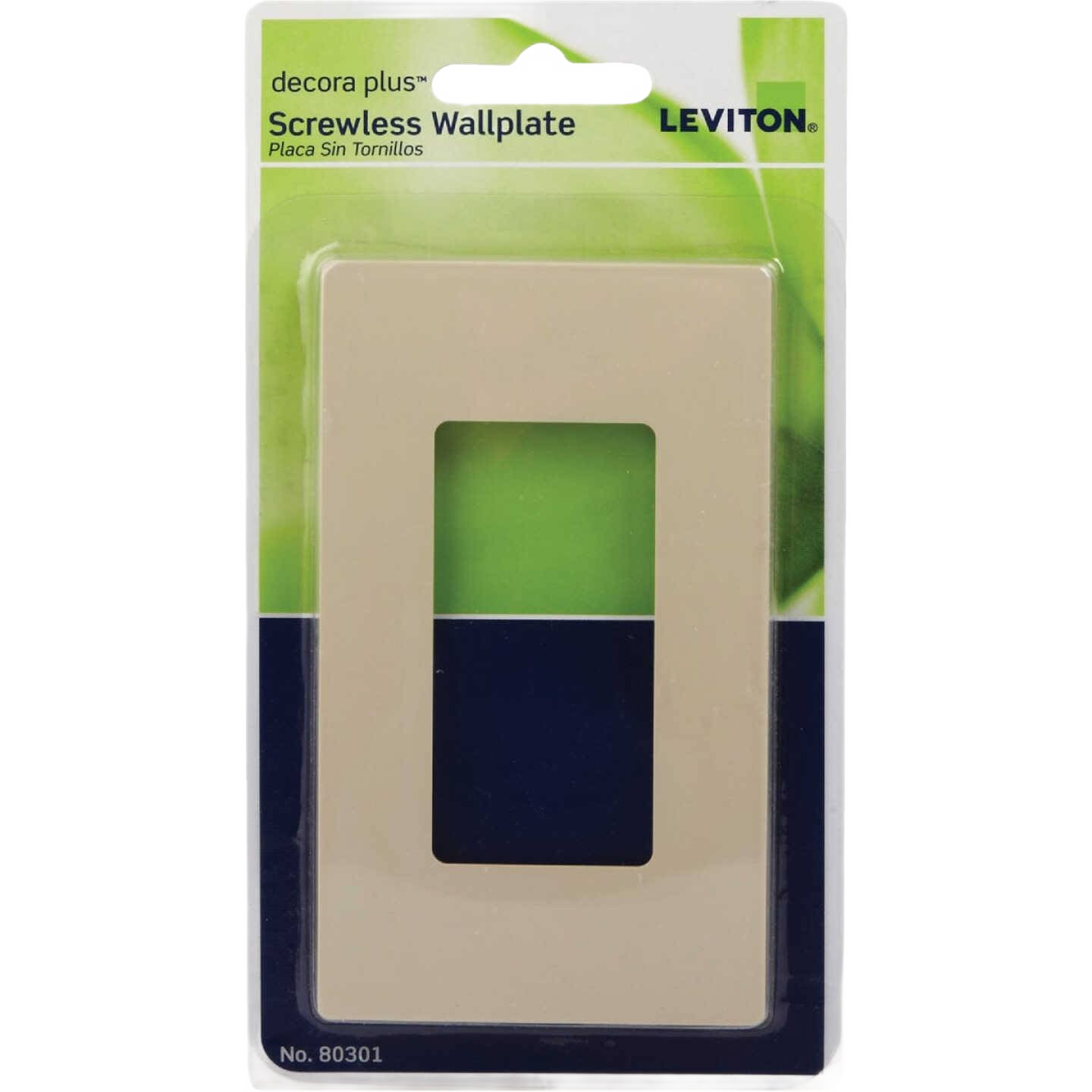 Ivory screwless Decora wall plate in packaging for 1-gang electrical outlet in home improvement projects