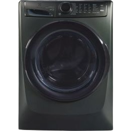 Front load dark gray washer with digital controls and large door, part of front load washers and appliances collection
