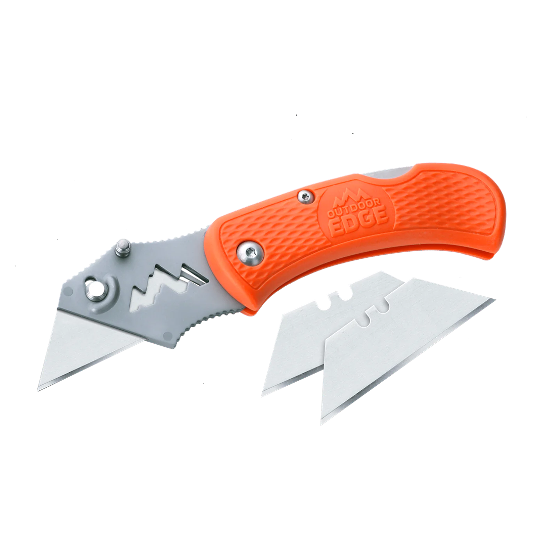 Orange folding utility knife with textured grip and two replacement blades for woodworking and cutting tool collections