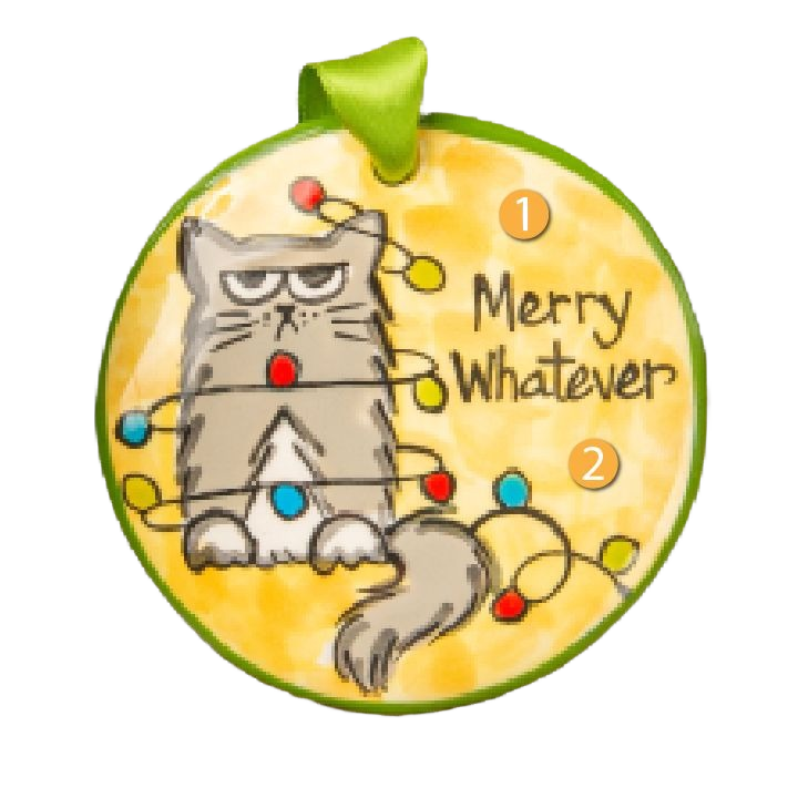 Round ceramic ornament with grumpy cat wrapped in colorful holiday lights and "Merry Whatever" text from Christmas collection