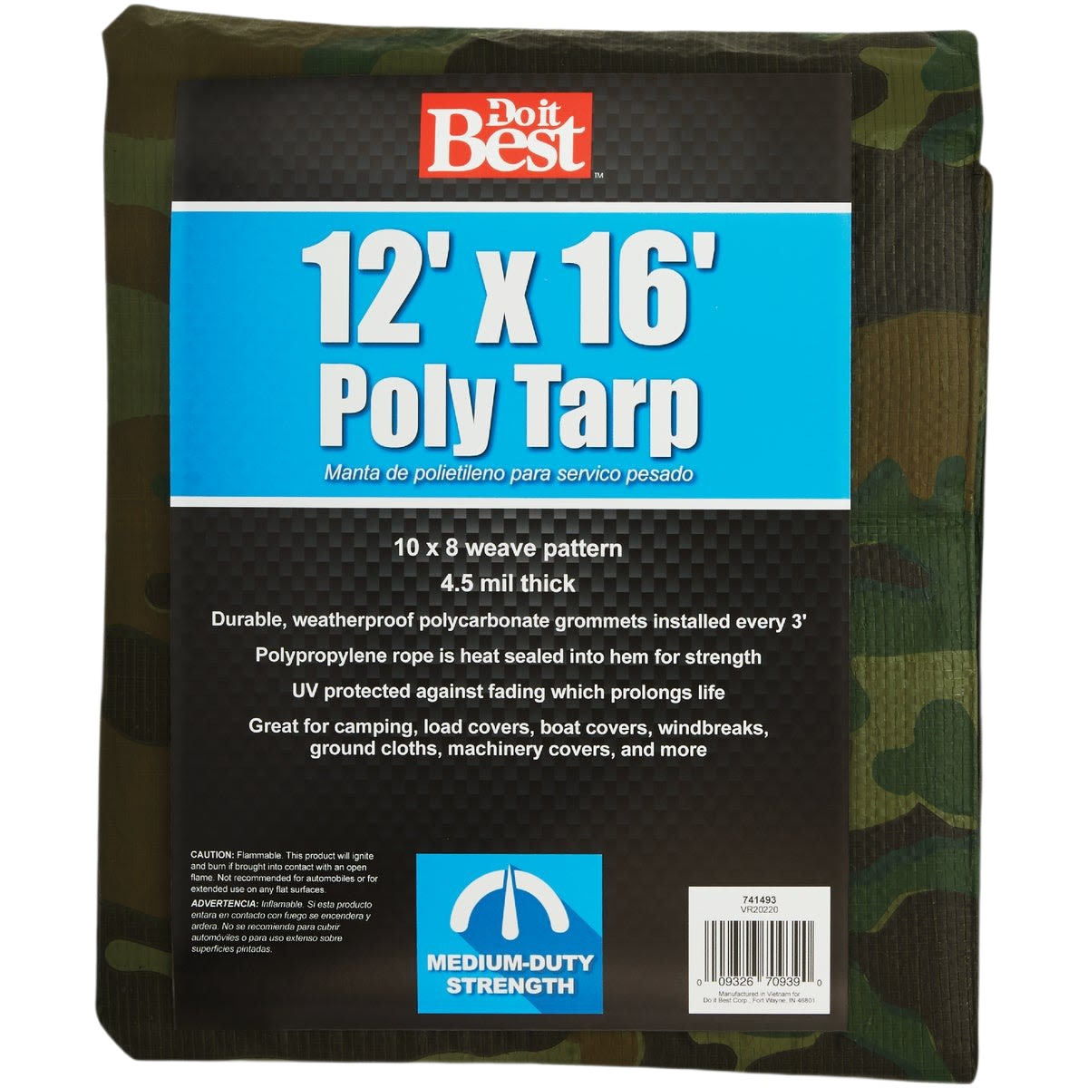 Folded camouflage patterned medium-duty poly tarp with durable weatherproof material for home improvement use