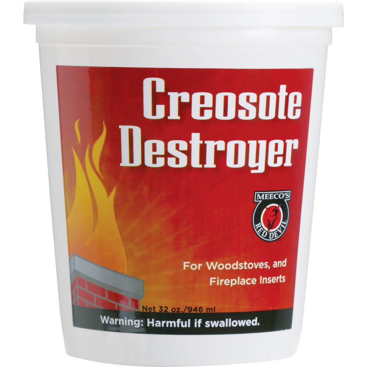 White tub of Meeco's Red Devil powdered creosote remover for woodstoves and fireplace inserts in plumbing parts and repair.