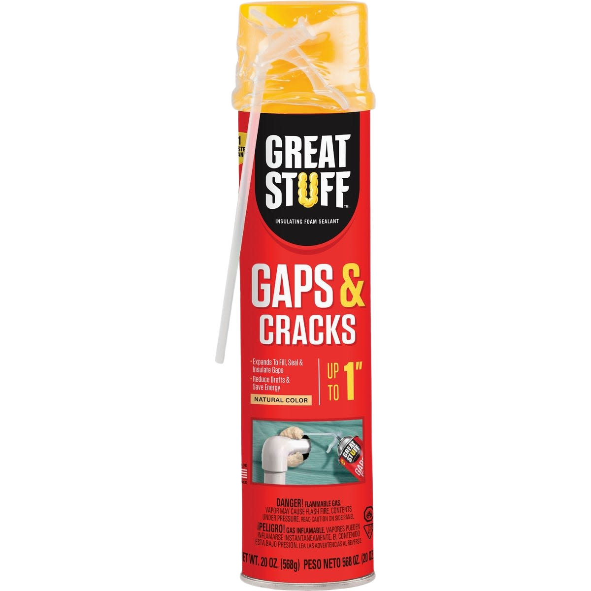 Red and yellow insulating foam sealant can with applicator straw for sealing gaps and cracks in home improvement projects